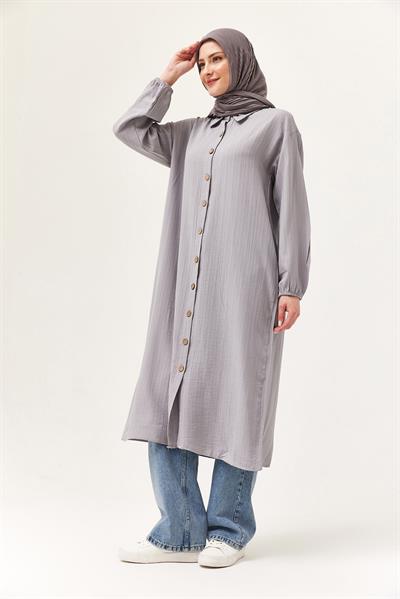 Keten Düğmeli Uzun Tesettür Tunik Gri
