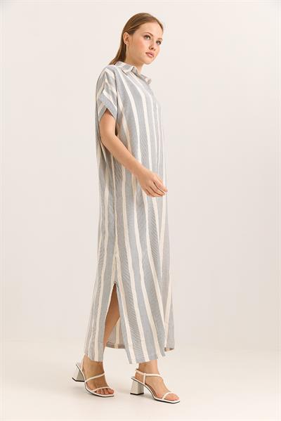 Polo Yaka Parlı İki Yanı Yırtmaçlı Yarasa Kol Oversize Dokuma Keten Elbise