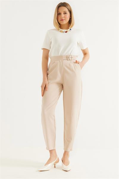Yüksel Bel Kemerli  Kumaş Pantolon Krem