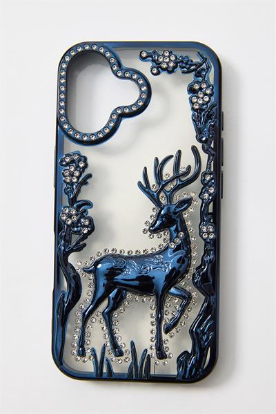 İphone 17 Uyumlu Geyik ve Çiçek Kabartmalı Kılıf Lacivert