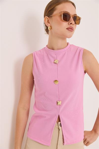 Bisiklet Yaka Gold Düğmeli Ottoman Fitilli Bluz Pembe