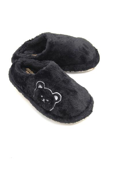 Peluş Ayıcıklı Önü Kapalı Ev Terliği Siyah