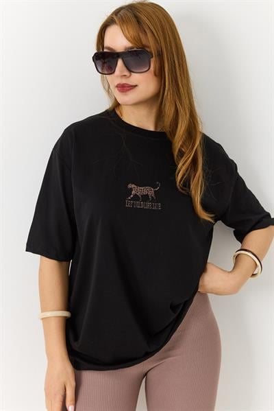 Kadın Leopar Nakışlı Bisiklet Yaka Tshirt Siyah