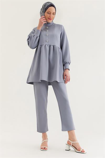Taş Düğmeli Scuba İkili Takım Gri