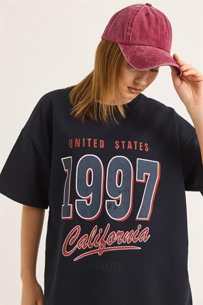 California Baskılı Oversize İki İplik Tshirt Siyah