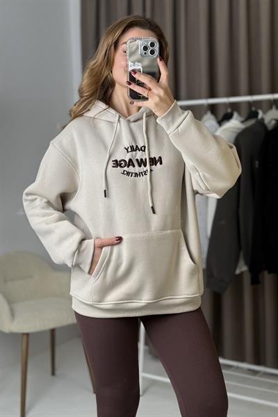 Oversize kapüşonlu Kanguru Cepli Sweatshirt Bej