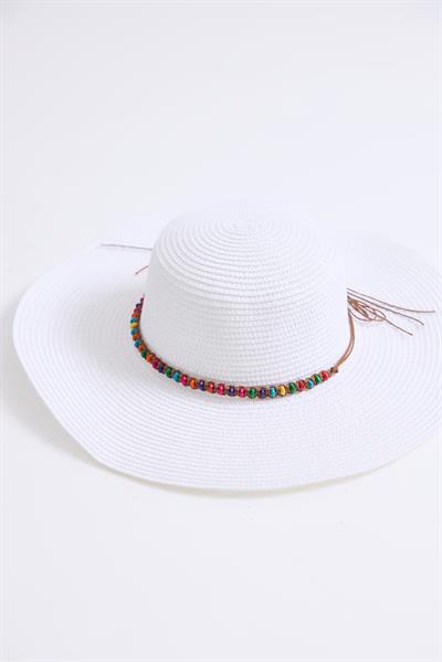 Aksesuarlı Kadın Hasır Plaj Şapkası Beyaz