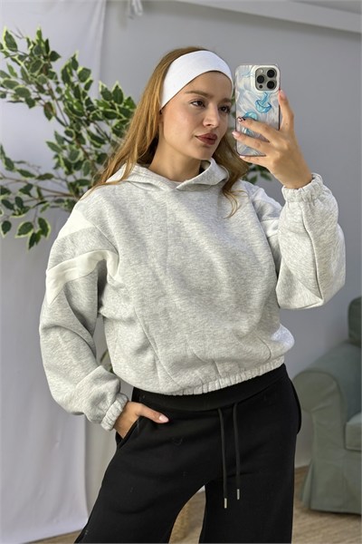 Kadın Beli Lastikli Şerit Detaylı Kapüşonlu Sweat Gri