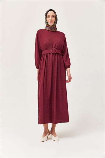 Bel Lastikli Kemerli Yarasa Kol Elbise Bordo 