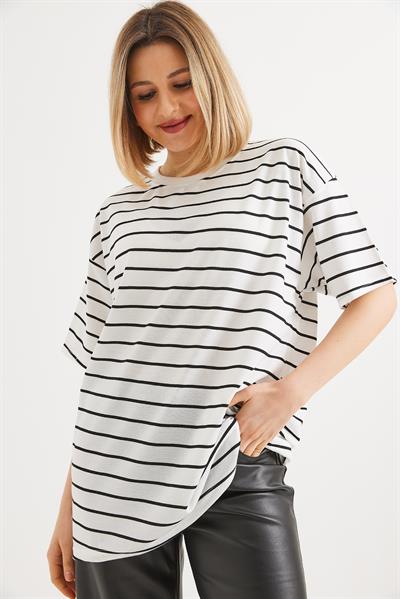 Çizgili İki İp Bayan Tshirt Beyaz