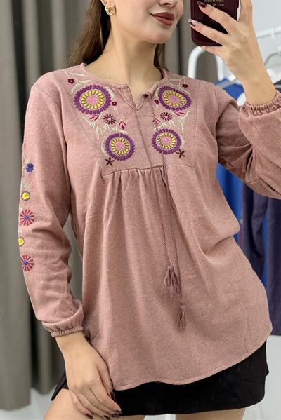 Kadın Pudra Triko Etnik Mor Çiçek Nakışlı Kazak