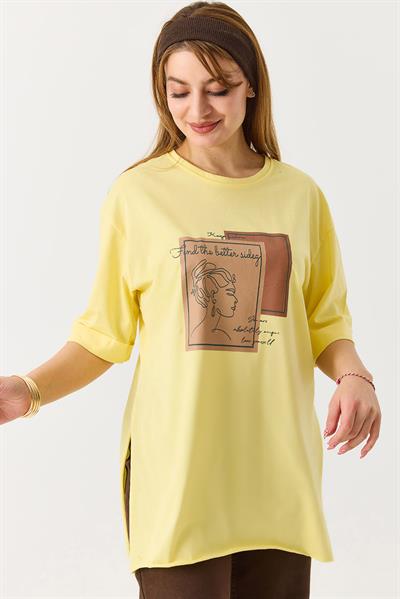 Kadın Figürlü Baskılı Bisiklet Yaka Tshirt Sarı