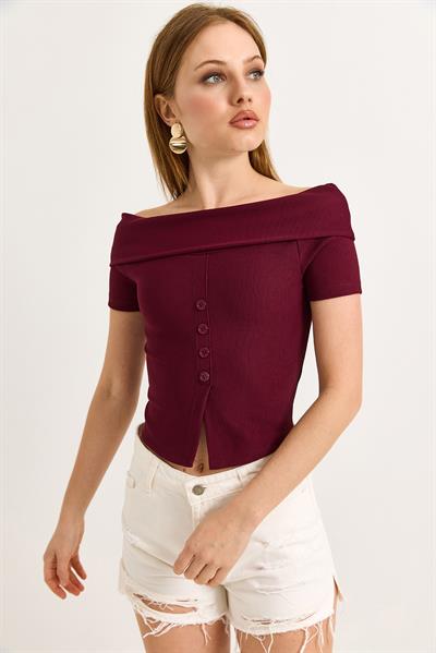 Kayık Yaka Düğme Detaylı Fitilli Örme Bluz Bordo