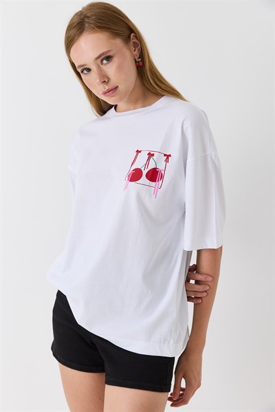 Kadın Bisiklet Yaka Kısa Kol Basic Tshirt Beyaz