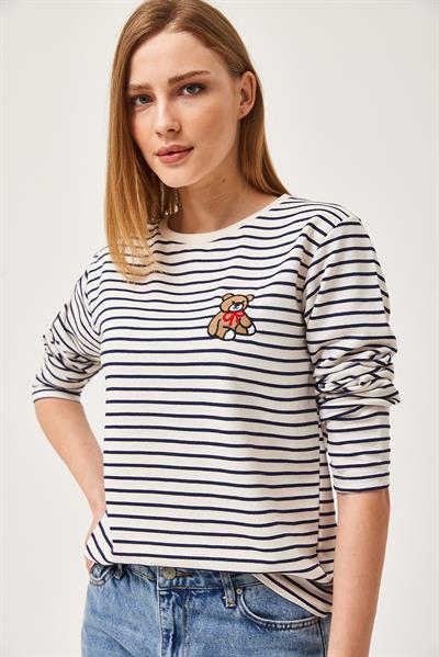 Bisiklet Yaka Çizgili Uzun Kollu Sweatshirt Lacivert