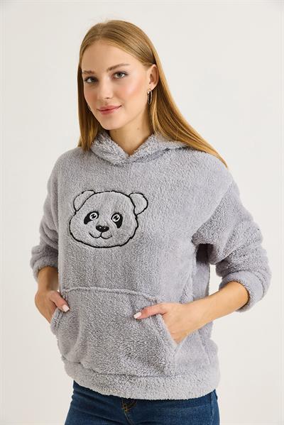 Kadın Kapüşonlu Nakış İşlemeli Peluş Sweatshirt  Gri
