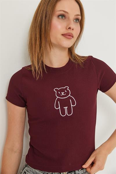 Ayıcık Nakışlı Kaşkorse Bluz Bordo