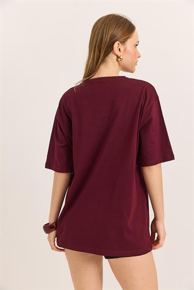 Hasır Cepli Yumuşak Dokulu Fit Tshirt Bordo