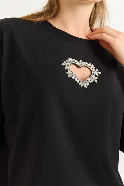 Kalp Detaylı  Oversize Kadın Tshirt Siyah