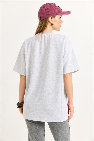Baskılı Oversize Tshirt Gri
