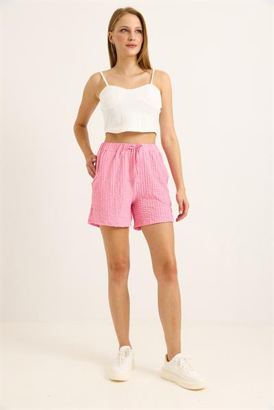Gofre Kumaş Bel Lastikli Kadın Şort Pembe
