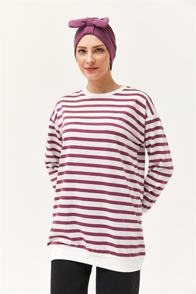 Çizgili Oversize Tunik Gül Kurusu