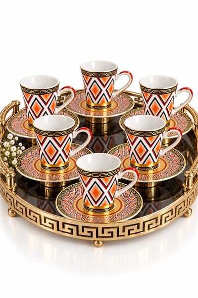 6lı Geometrik Desenli Tabağı İçe Geçmeli Fincan Takımı Turunuc