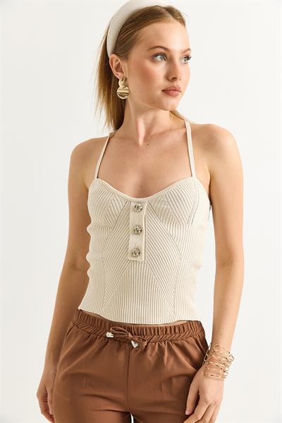 İp Askılı Ajurlu Triko Bluz Bej