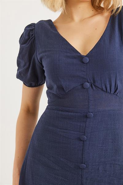 Belden Bağlamalı V Yaka  Keten Elbise Lacivert