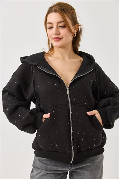 Kadın Taş Detaylı Kapüşonlu 3 İplik Fermuarlı Sweatshirt Siyah