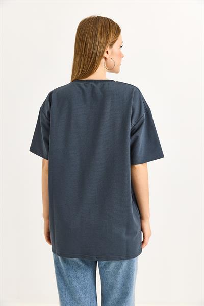 Ayıcık Nakışlı Oversize İki İp Tshirt Füme