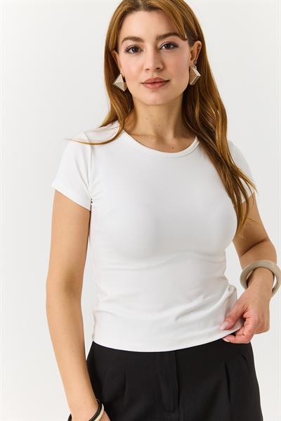 Kadın Basic Bisiklet Yaka Düz Tshirt Beyaz