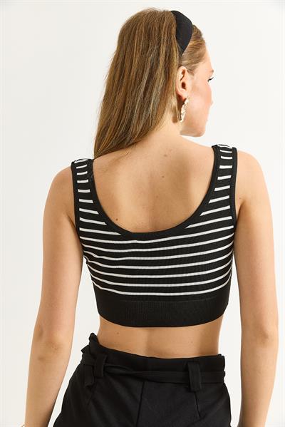 Çizgi Desenli Geniş Yaka Crop Triko Bluz Siyah