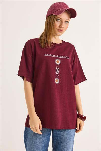 Bisiklet Yaka Kısa Kol Baskılı Tshirt Bordo