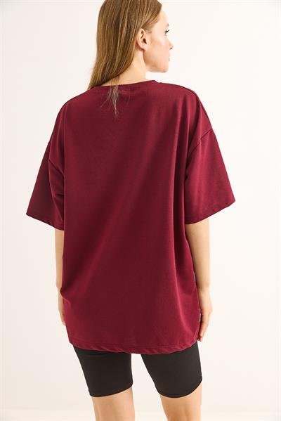 Baskılı Oversize Kesim Kadın Tshirt Bordo