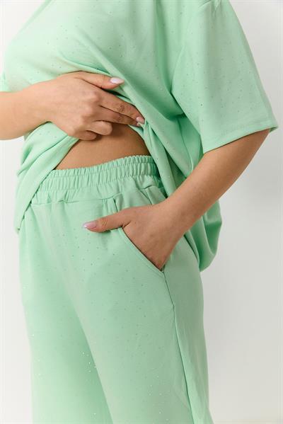 Kadın Taş Detaylı Oversize Eşofman Takım Yeşil