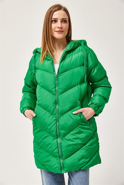 Kapüşonlu Oversize Şişme Mont Yeşil