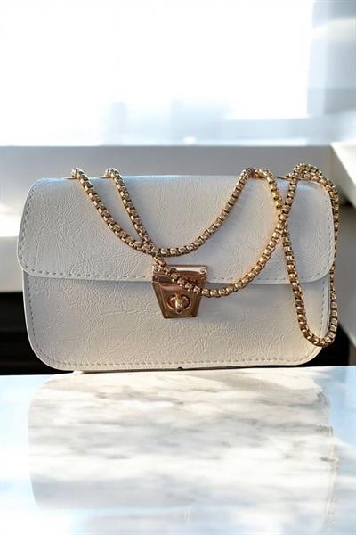 Gold Zincir Askılı Mini Vintage Deri Çanta Beyaz