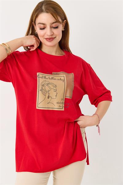 Kadın Figürlü Baskılı Bisiklet Yaka Tshirt Kırmızı