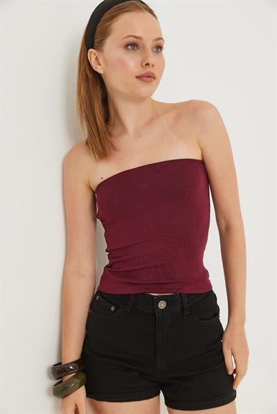 Esnek  Straplez Bluz Bordo
