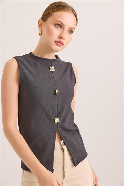 Bisiklet Yaka Gold Düğmeli Ottoman Fitilli Bluz Füme
