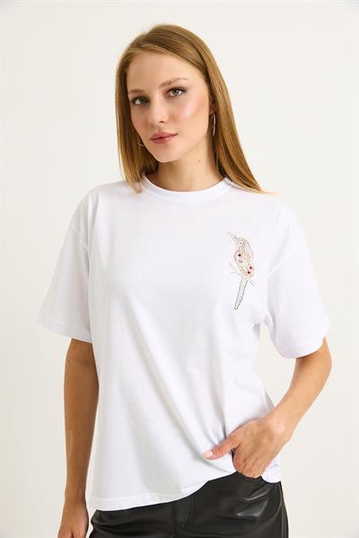 Taş Baskılı Kuş Motifli Bisiklet Yaka Tshirt Beyaz