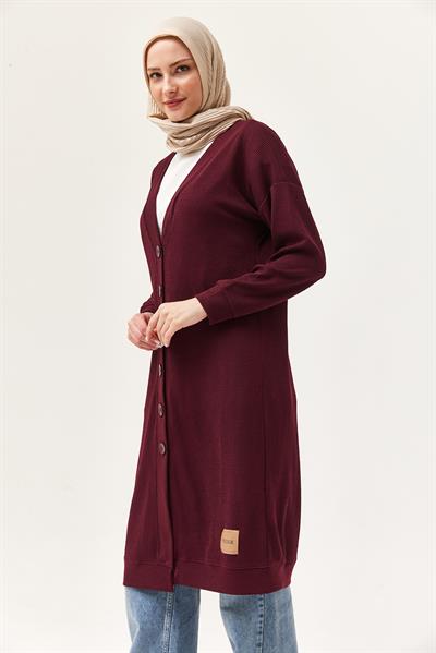 Düğmeli Triko Uzun Hırka Bordo