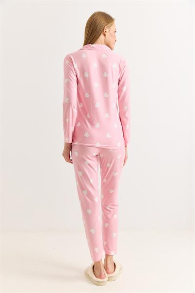 Kadın Pembe Pamuklu Polo Yaka  Beyaz Kalpli Pijama Takımı