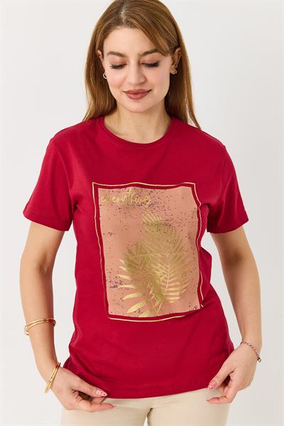 Kadın Palmiye Parlak Baskılı Tshirt Bordo