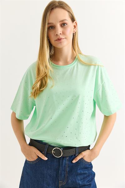 Taş Detaylı Rahat Kalıp Premium Pamuk Tshirt Su Yeşili