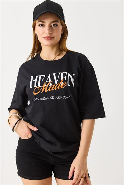 Kadın Kısa Kol Baskılı Basic Tshit Siyah