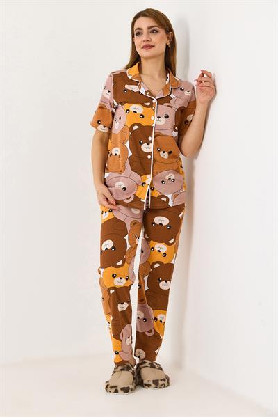 Kadın Kısa Kollu Düğmeli Desenli Pijama Takımı Taba