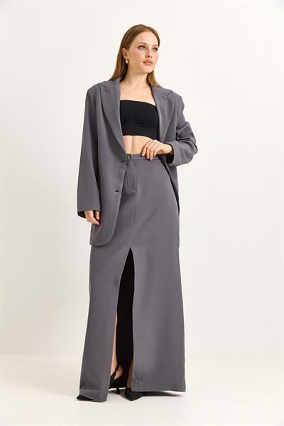 Yırtmaçlı Etek Oversize Ceket İkili Takım Füme