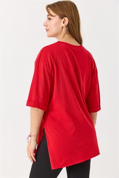 Kadın Kiraz Baskılı Yanları Yırtmaçlı Bisiklet Yaka Tshirt Kırmızı